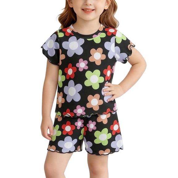 Mifsaly Cute Pajama Sets for Toddler Girls Floral Graphic Ribbed Knit Short Sleeve Ruffle Hem T-Shirt and Shorts Kids Summer Casual Pjs Matching Outfits