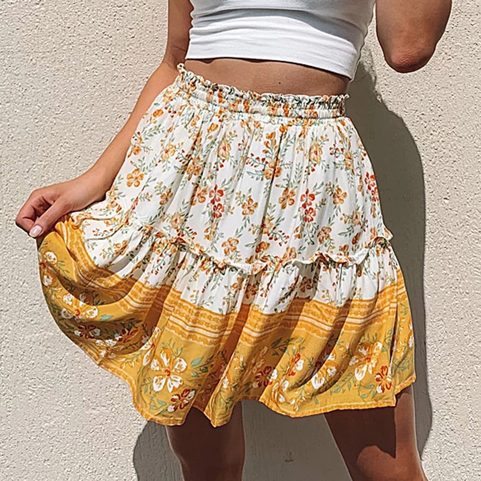 DPTALR Women Summer Casual Vintage High Waist Floral Print Beach Ruffled Short Skirt Walmart