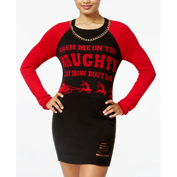 Ultra Flirt by Ikeddi Juniors' Distressed Holiday Sweater Dress (Black Red, S)