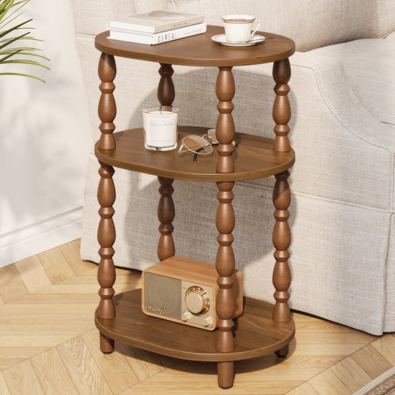 Maliowa 3-Tier Side Table, Small End Table for Living Room Bedroom, Accent Table Nightstand with Storage Shelf for Narrow Spaces, Walnut