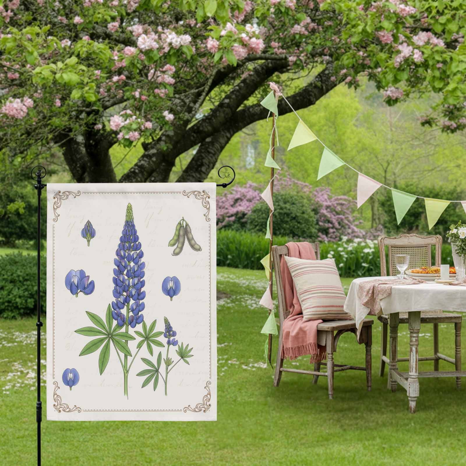 Blue Lupins House Flag 28 x 40 Inches, Country Pastoral Watercolor Flowers Green Leaf Weather Proof Outdoor Patio Flags Double Sided Small House Decoration for Yard Lawn Outside Home