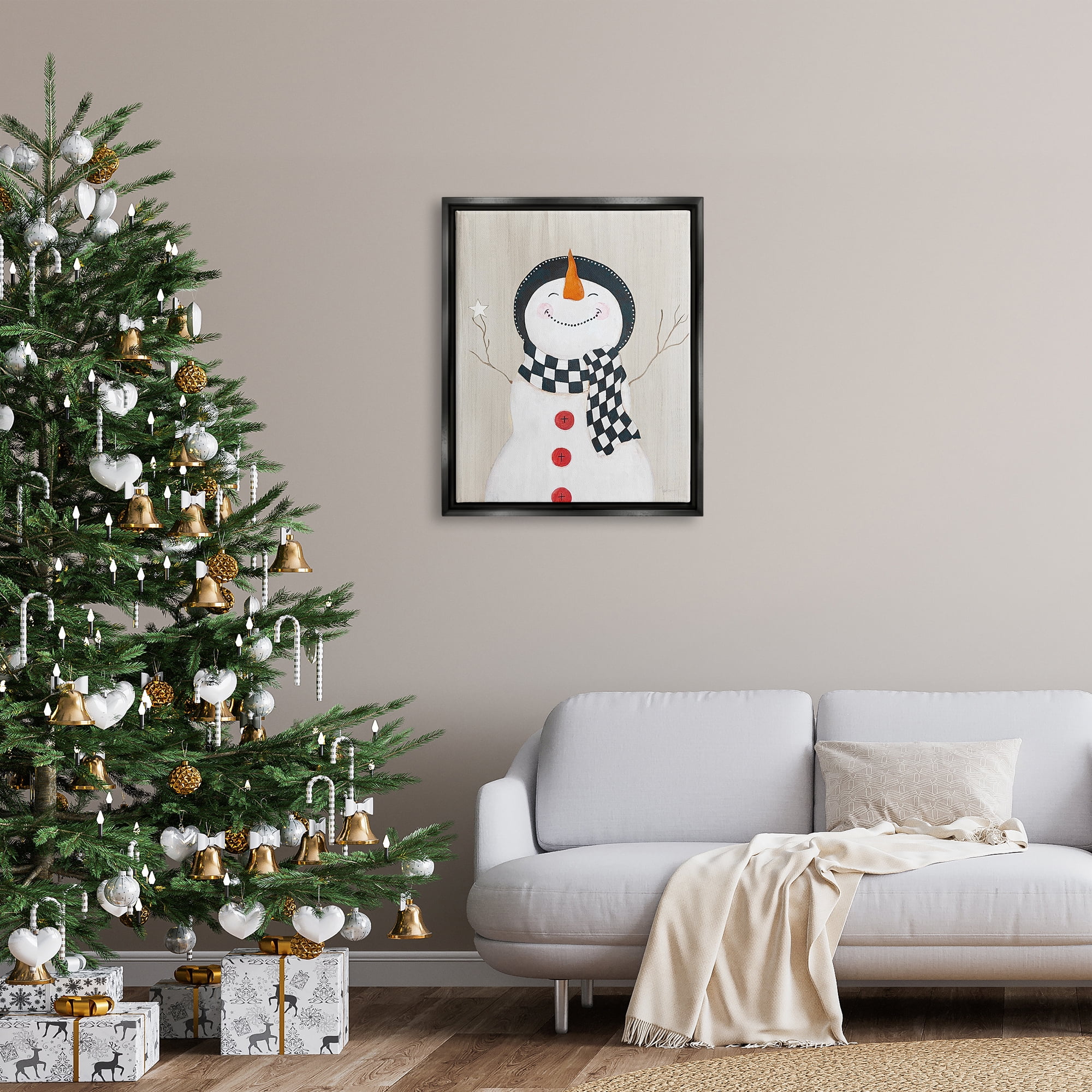 Stupell Industries Happy Smile Winter Snowman Holiday Painting Black Floater Framed Art Print Wall Art