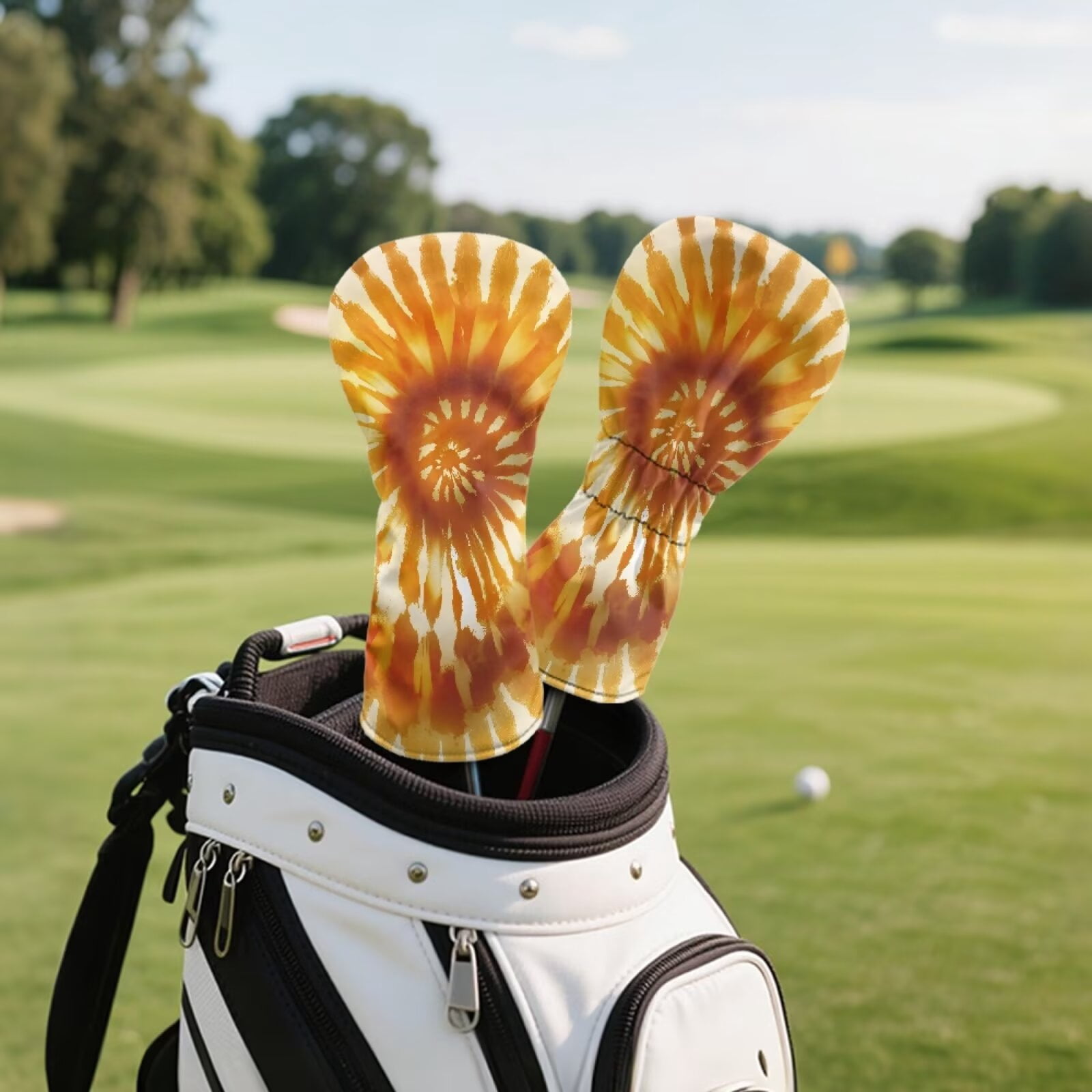 Uorisanigo Golf Head Covers 3PCS, Headcover Set for Driver/Fairway Wood/Hybrid, PU Leather Orange Tie-Dye Print Golf Club Head Covers with Soft Lining for Extra Club Protection