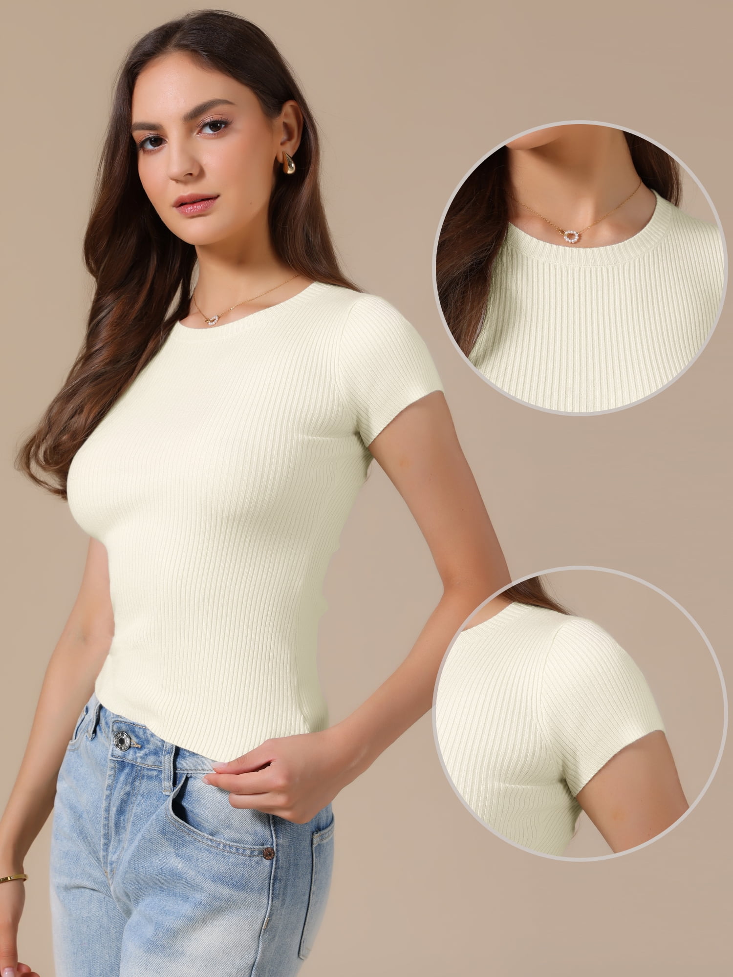 DARING DIVA Women's Short Sleeve Tops Summer Crewneck T-Shirt Ribbed Knit M White
