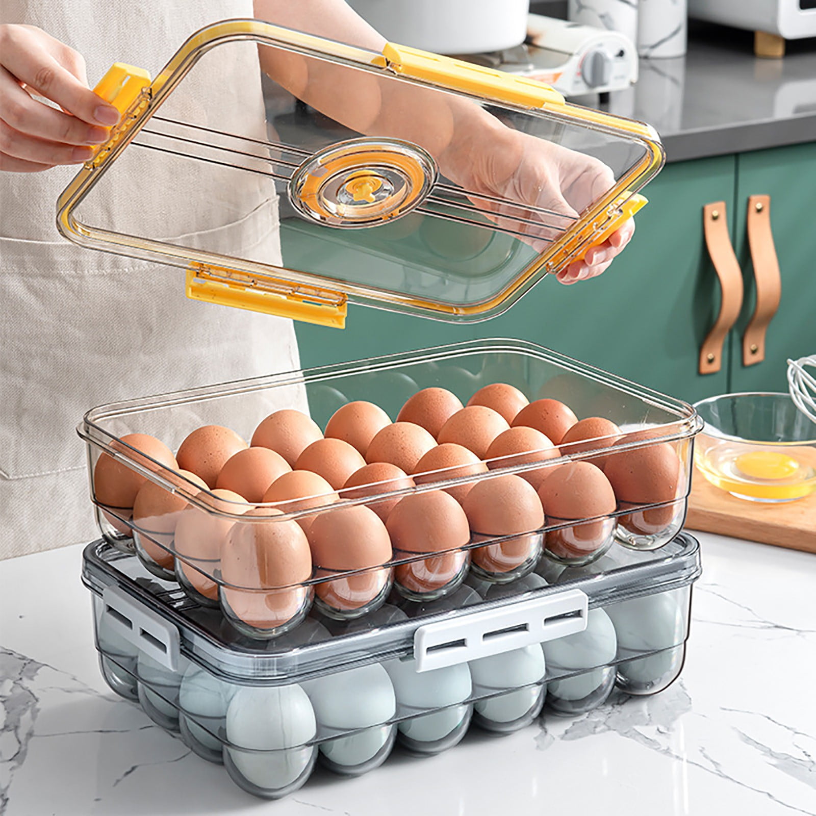 Clearance Egg Holder Clear Egg Tray Storage Box With Lid And Special Buckle Stackable PET Plastic Refrigerator Organizer Bins Eggs Containers 18 Egg Tray for Home & Kitchen Yellow