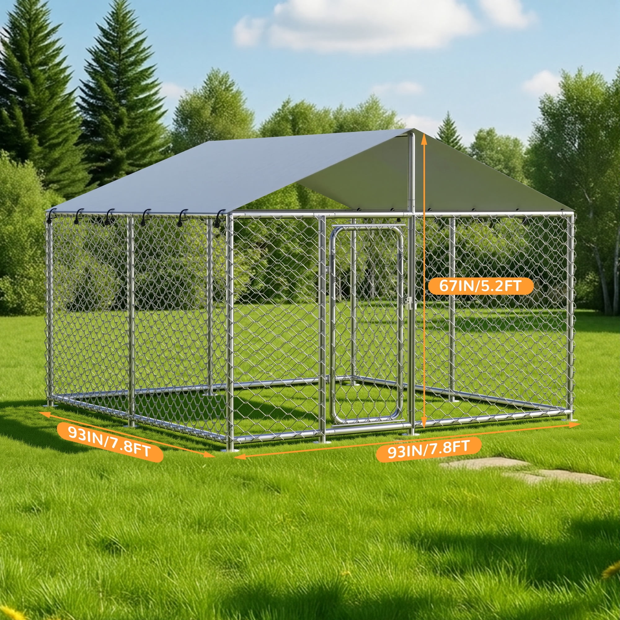 YOKWOK 7.5x7.5ft  Heavy Duty Galvanized Steel Outdoor Dog Kennel with Waterproof UV Protection Roof, Large Chain Link Dog Run House, Multi-Purpose Pet Enclosure for Dogs, Rabbits, Chickens