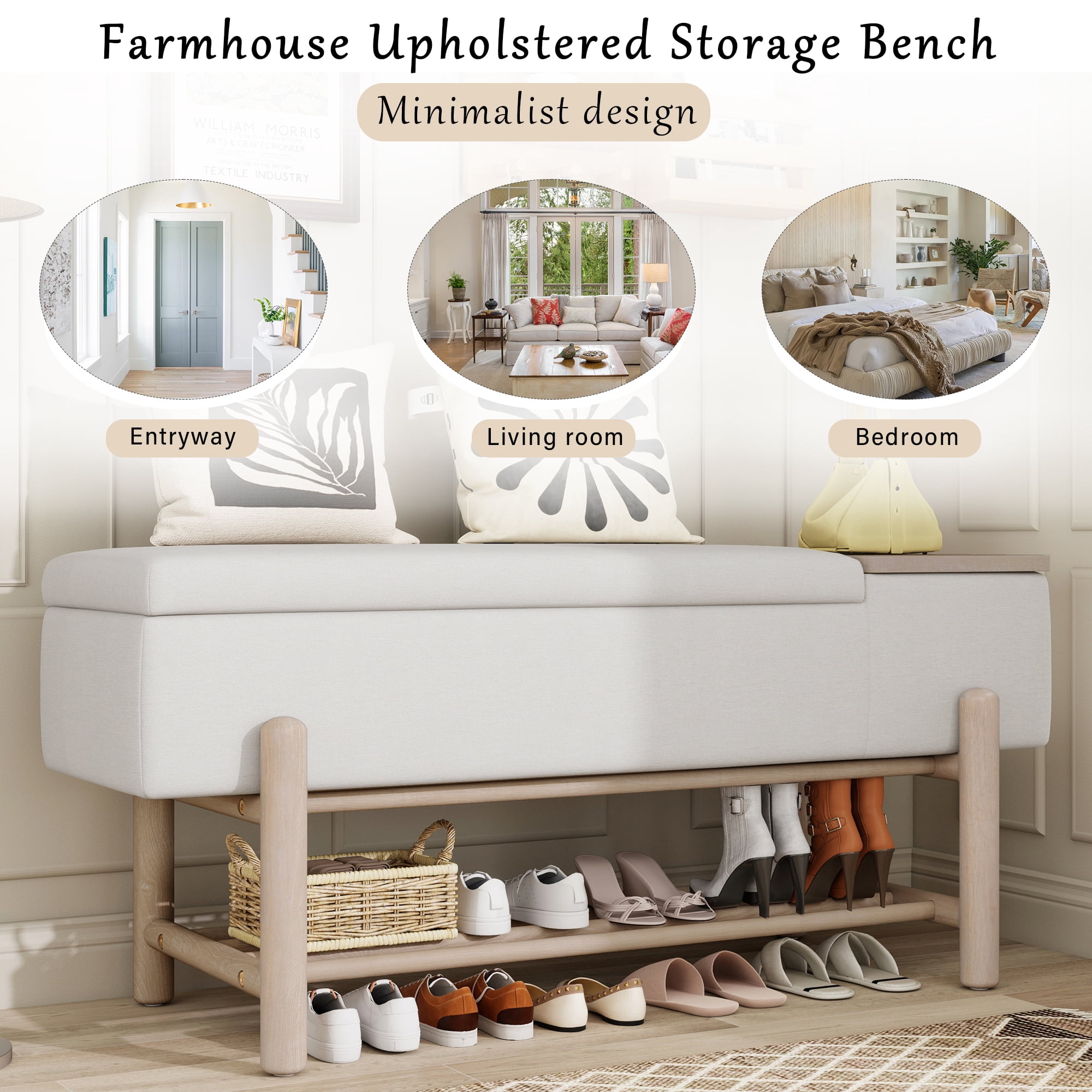 Euroco Farmhouse Upholstered Storage Bench with Hidden Compartment, Modern Entryway Bench for Living Room, Entryway, and Hallways (Natural)