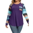 thumbnail image 3 of HUBERY Women Stripe Colorblock Pocket Crew Neck Long Sleeve Curved Hem Top, 3 of 5