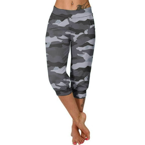 Blmnix Women Summer Pants Camo Pants Flat Front Short Pants Leggings High Waisted Relaxed Fit Taper Gray 7/8th Womens Workout Pants,XXXL
