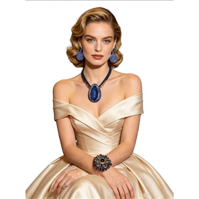 Conjunto Clásico de Collar, Areneros y Pulsera con Corona Azul de Corazón Marino