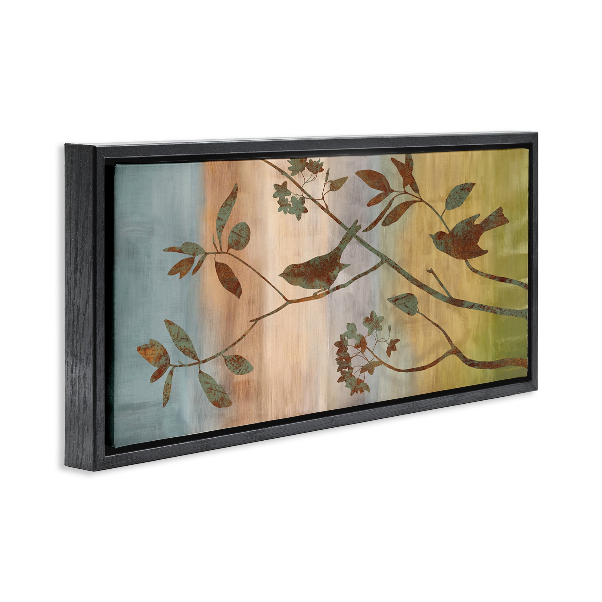 Stupell Industries Collaged Bird Nature Silhouette Botanical & Floral Painting Black Floater Framed Canvas Art Print Wall Art, 31 x 14