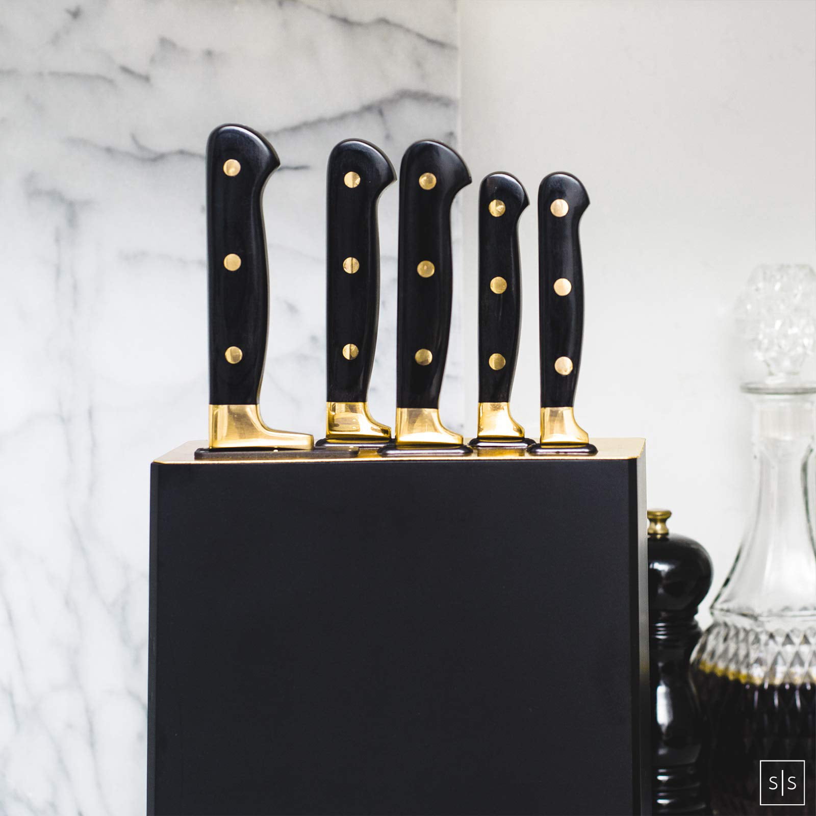 Styled Settings Black and Gold Knife Set with Knife Block and Sharpener 