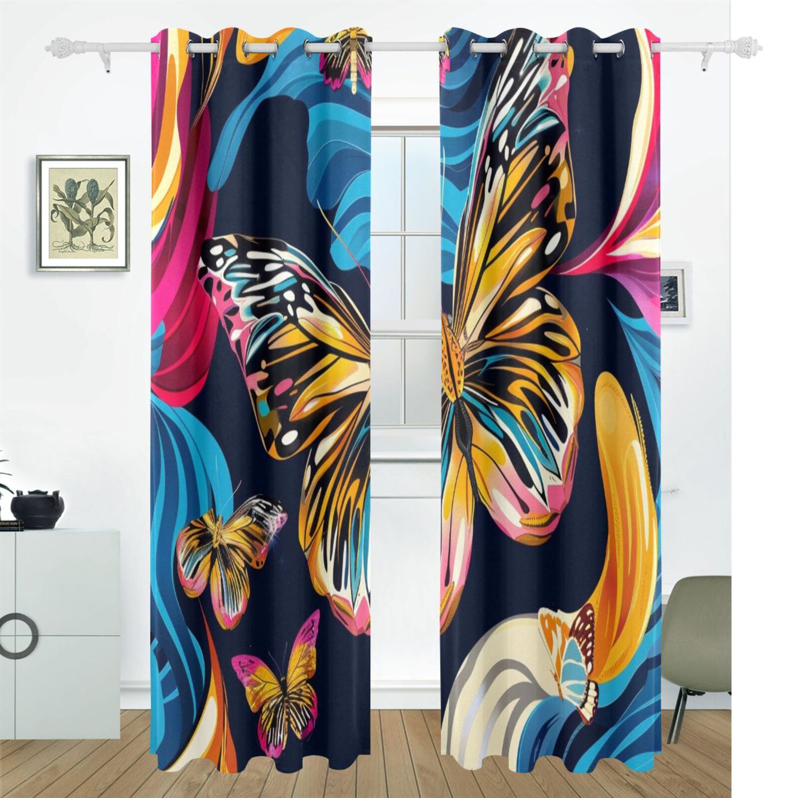 Butterflies Painting Black Out Curtains 72 Inch Length Curtains for Sliding Glass Doors Bedroom Living Room 2 Pack