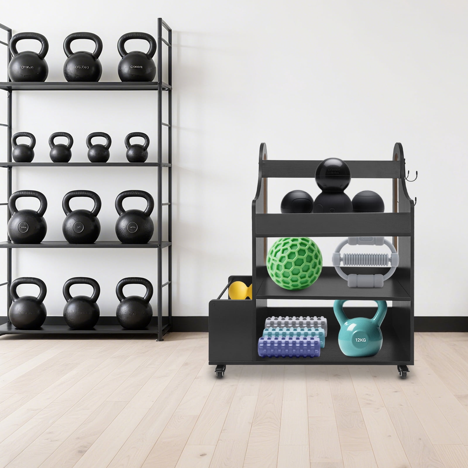 ToppiJoy Weight Rack for Dumbbells, Home Gym Storage Rack Yoga Mat Holder with Wheels and 4 Hooks, Workout Storage Weight Plate Stand, Each Tier Hold up 50lbs for Kettlebells, Foam Roller