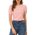 thumbnail image 5 of INSPIRE CHIC Women's Vintage Gingham Tops Puff Short Sleeve Crew Neck Casual Shirt Blouse XS Watermelon Pink, 5 of 8