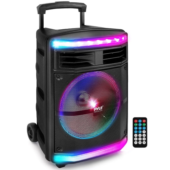 Bocina Portátil de 10 Pulgadas con Bluetooth de 600W Pyle, Batería Recargable, Micrófono, Luces de Fiesta, Lector SD, MP3, USB y Ruedas Giratorias