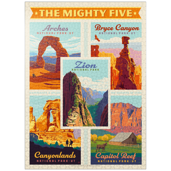 MyPuzzle - The Mighty Five: Utah National Parks, Vintage Poster - Premium 1000 Piece Jigsaw Puzzle for Adults