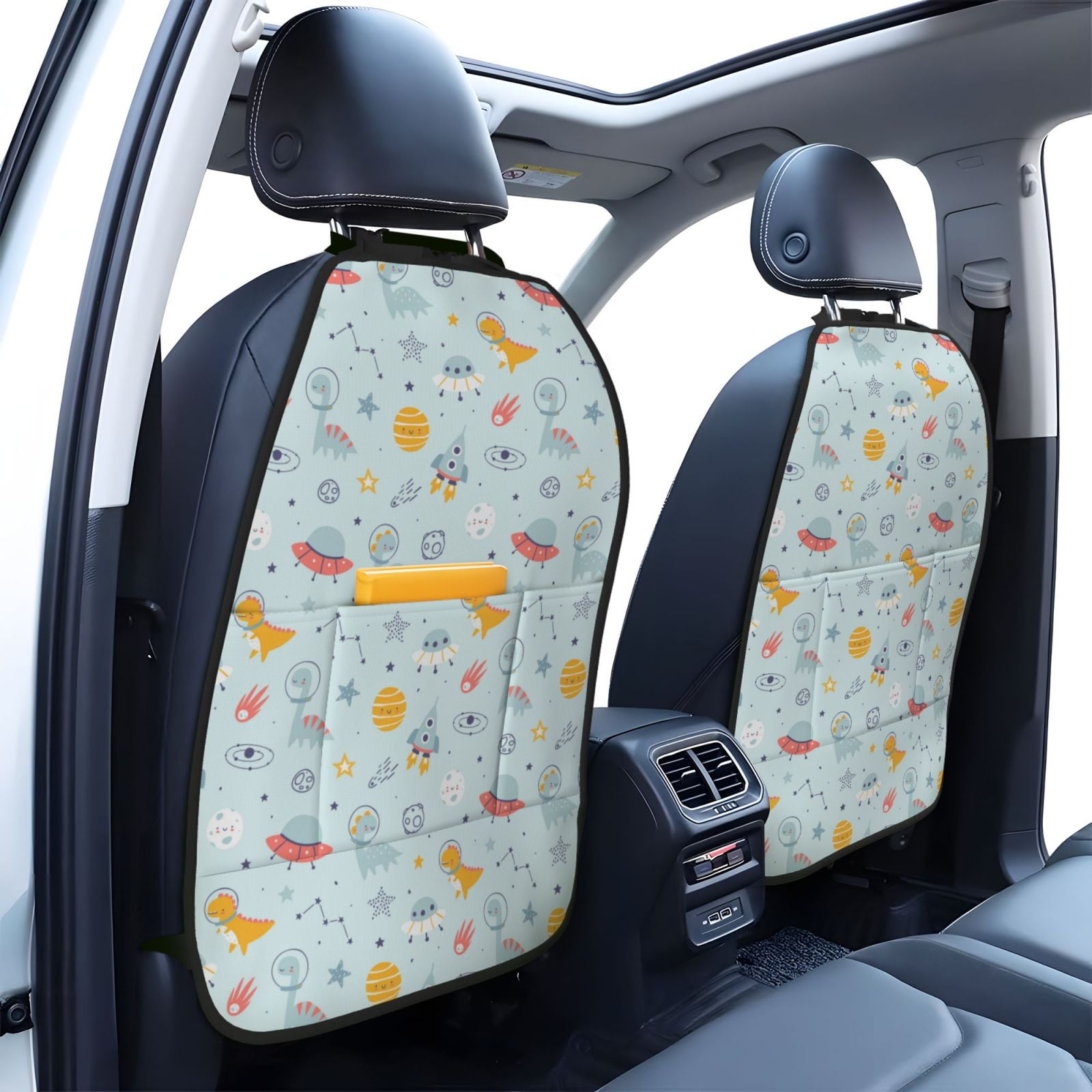 Xecao Space With Dino Astronauts Pattern Car Seat Back Protector 2 Pack Large Capacity Pocket, Kick Mats Back Seat Protector