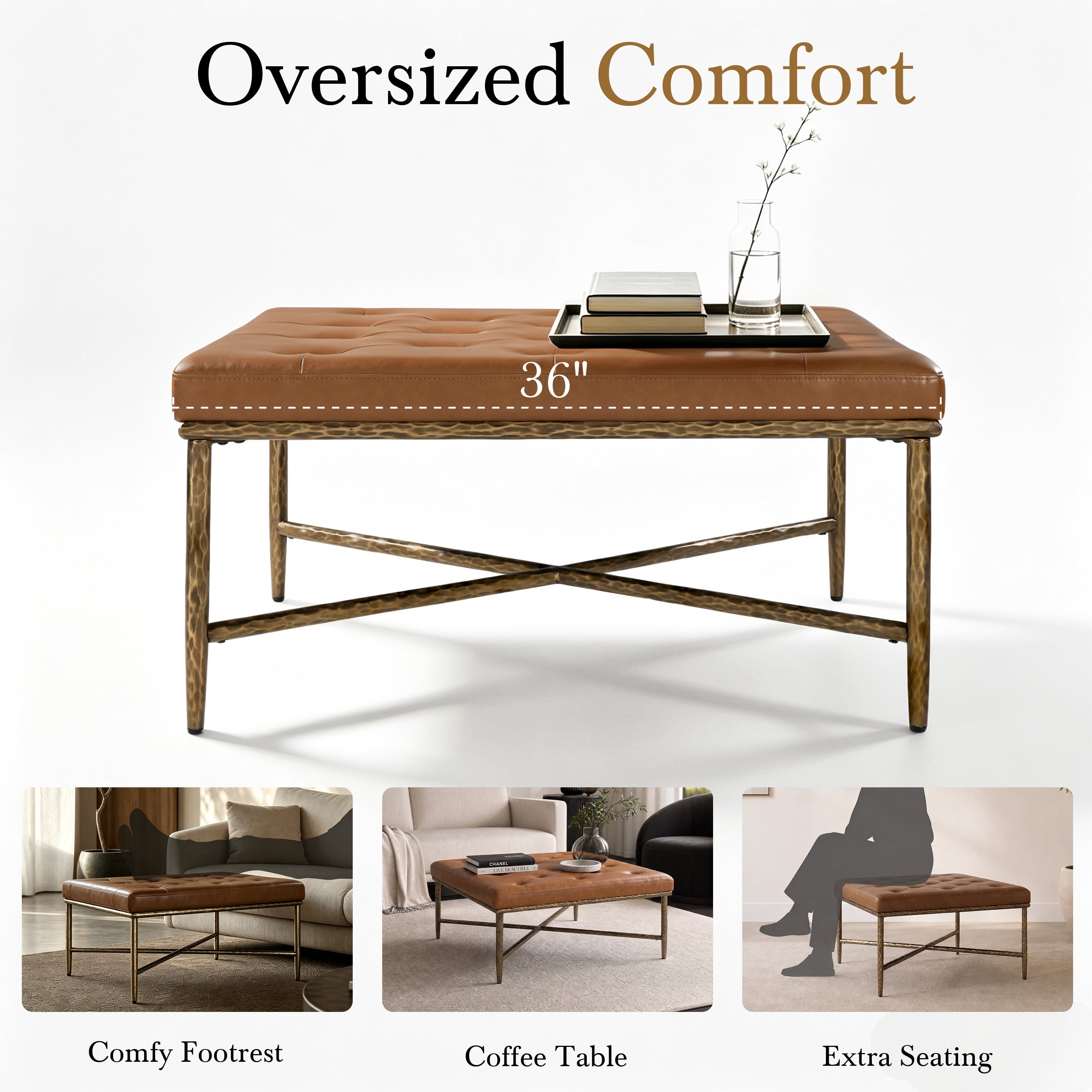 Euroco 36" Square Tufted Ottoman Coffee Table,Modern Upholstered Footstool Center Table with Hammered Metal Frame & X-Base for Living Room,Brown