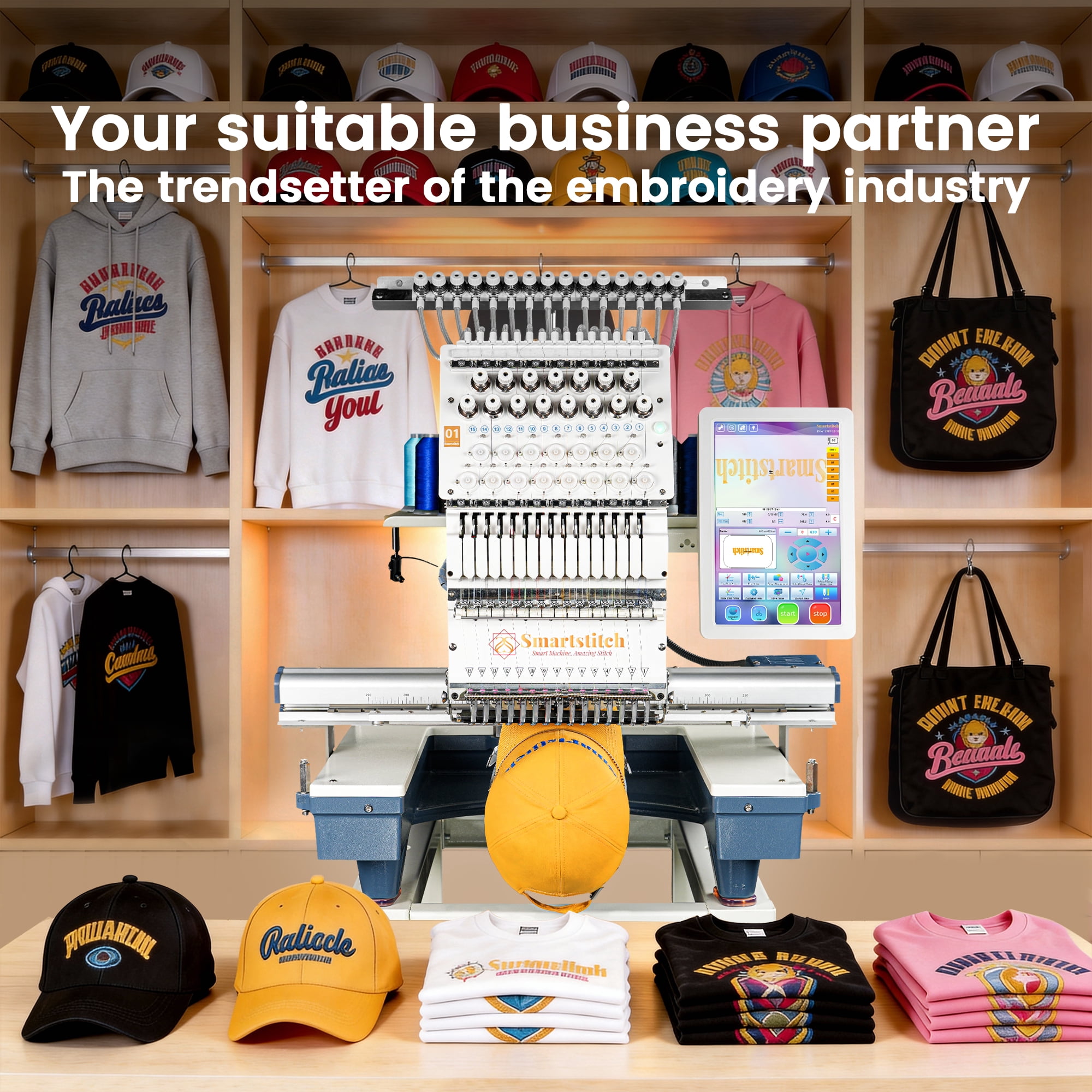 Smartstitch S-1501 Pro 15-Needle Embroidery Machine, 14"x20" Large Area, 1200 SPM, 12" Touch Screen, WiFi - Ultimate for Caps, Apparel & Business Growth (Blue Base)