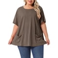 thumbnail image 1 of Blusa casual de talla grande para mujer Agnes Orinda, con cuello redondo, manga corta, color sólido, verano, con bolsillos, 1X café, 1 of 6