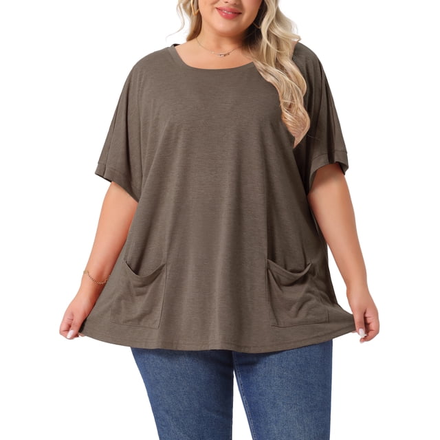 Blusa casual de talla grande para mujer Agnes Orinda, con cuello redondo, manga corta, color sólido, verano, con bolsillos, 1X café