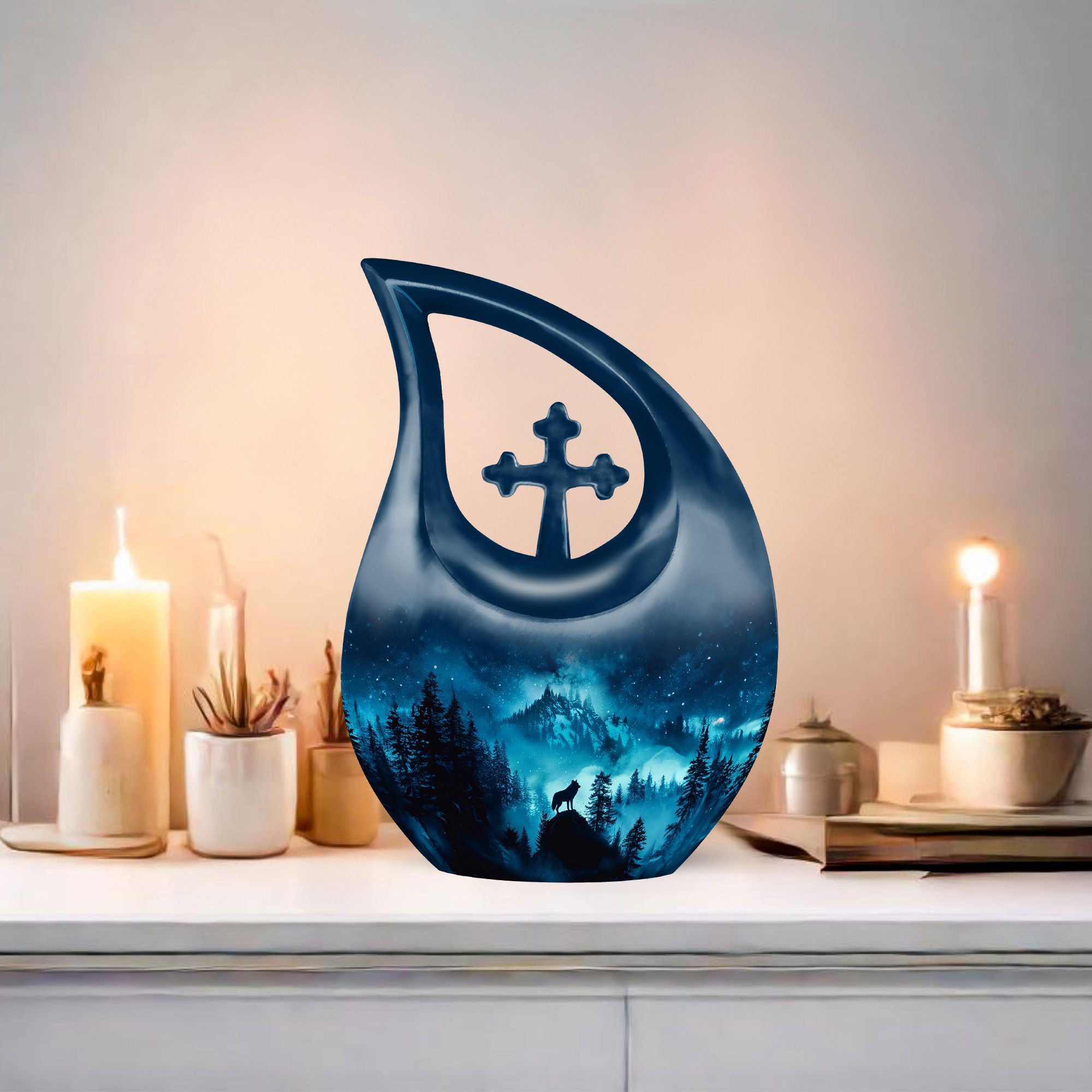 MUKTIVE Urns for Human Ashes Adult Wolf - 10 Cremation Urns for Human Ashes - Large Decorative Urn - Blue Urn for Mom and Dad