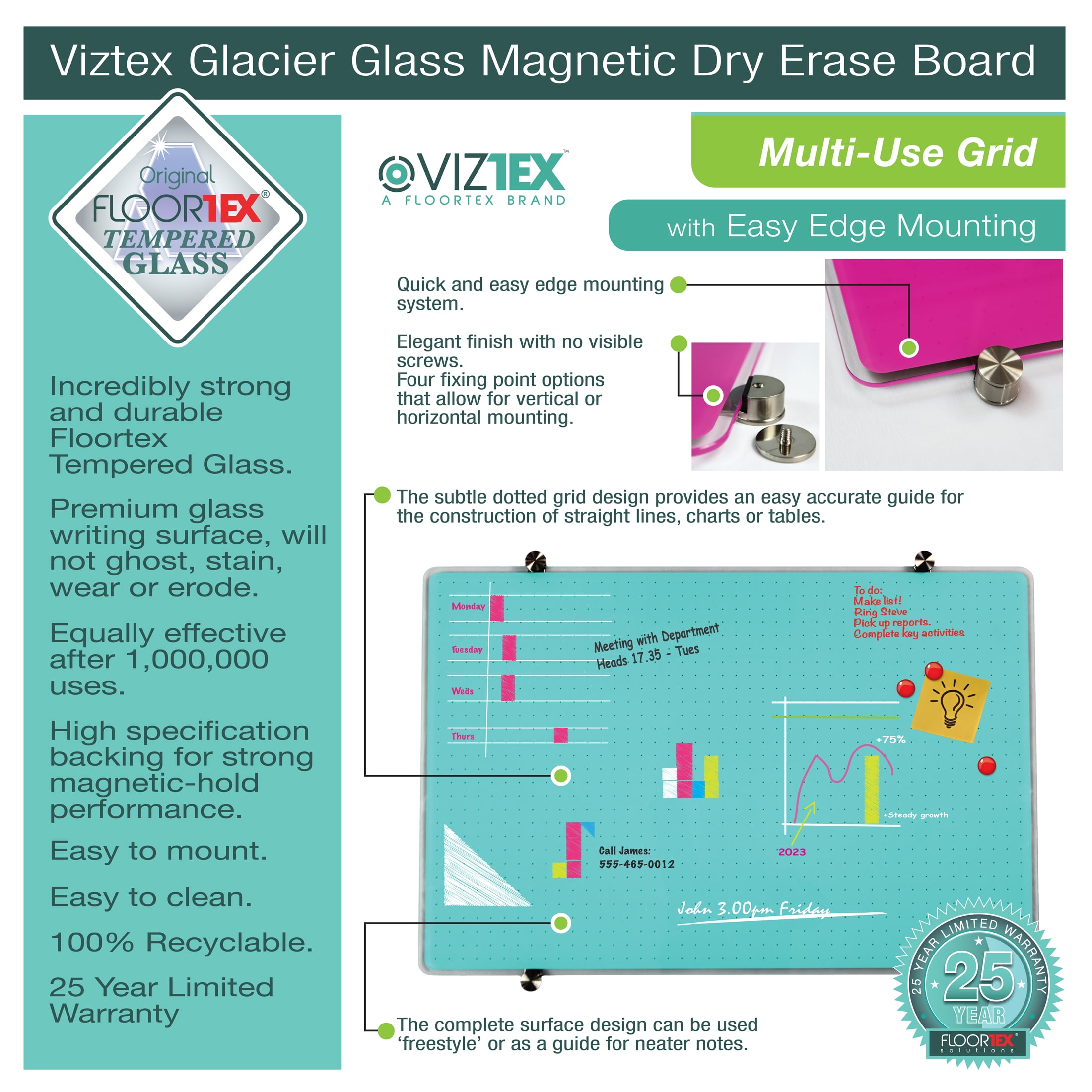 Viztex® Glacier Violet Multi-Purpose Grid Glass Dry Erase Board 24" x 36"