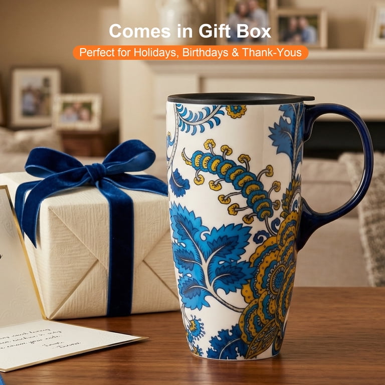 Ceramic Mug with Lid and Handle,17oz. Tall Coffee Cup for Home,Party and Birthday,Blue Flower