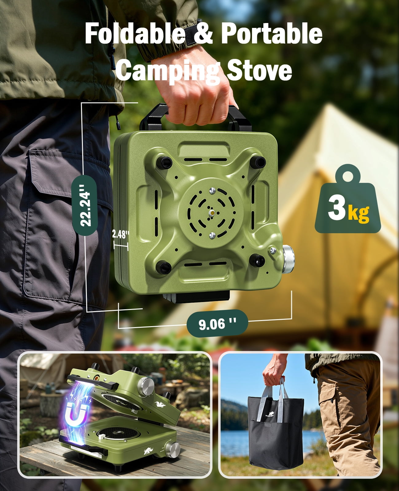 Rhino Valley 2 Propane Burners Camping Stove, 30,000 BTU Folding Camp Stove with Windproof Grates and Frying Pan, Portable Camping Stoves with Carrying Bag, Camping Essentials ,Green