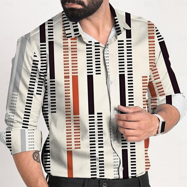 Camisa de moda 2024 con cuello de rayas y cuadrícula, cambio de color claro, camisas múltiples, patrón de alta definición, camisa de fiesta al aire libre de moda 3D