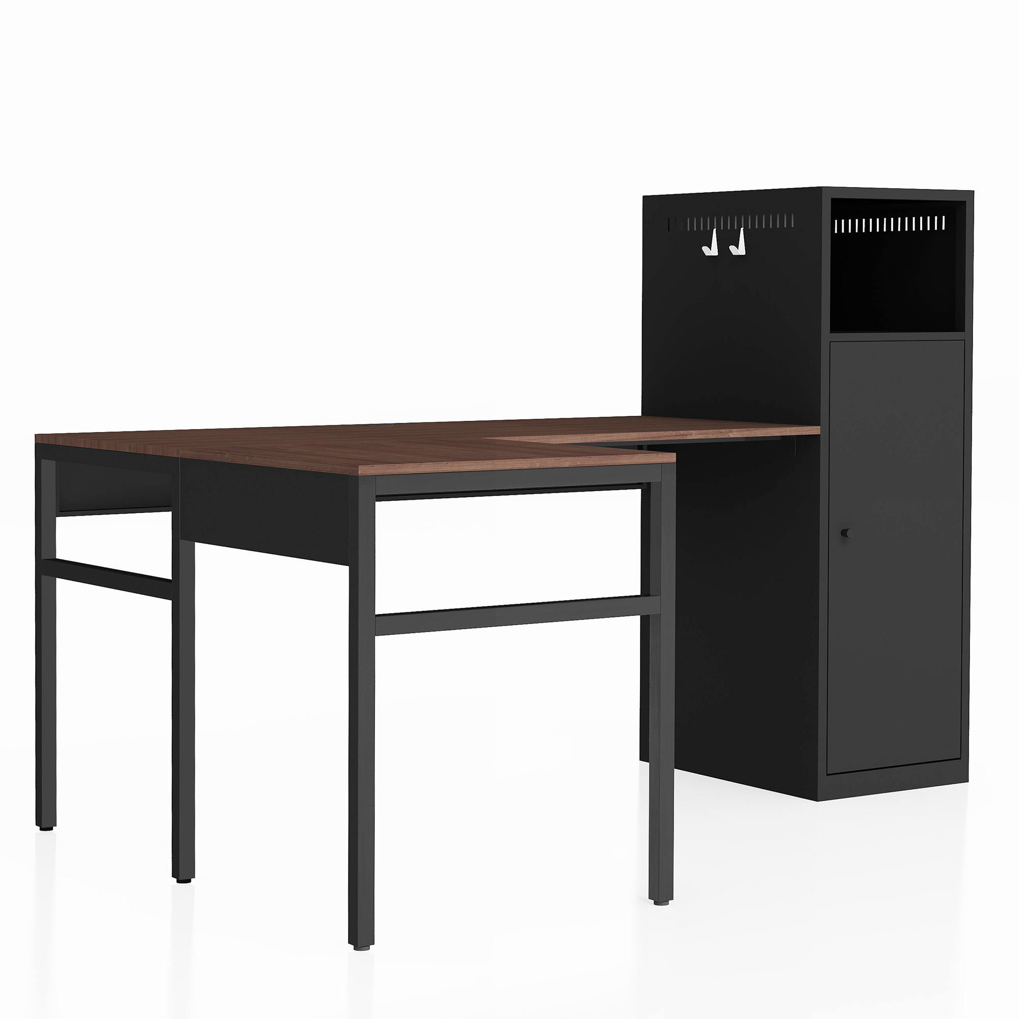 LShaped Office Desk, with Storage and Hooks, Industrial