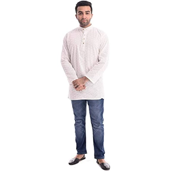 Royal Kurta Mens Short Cotton Lucknowi Kurta Beige