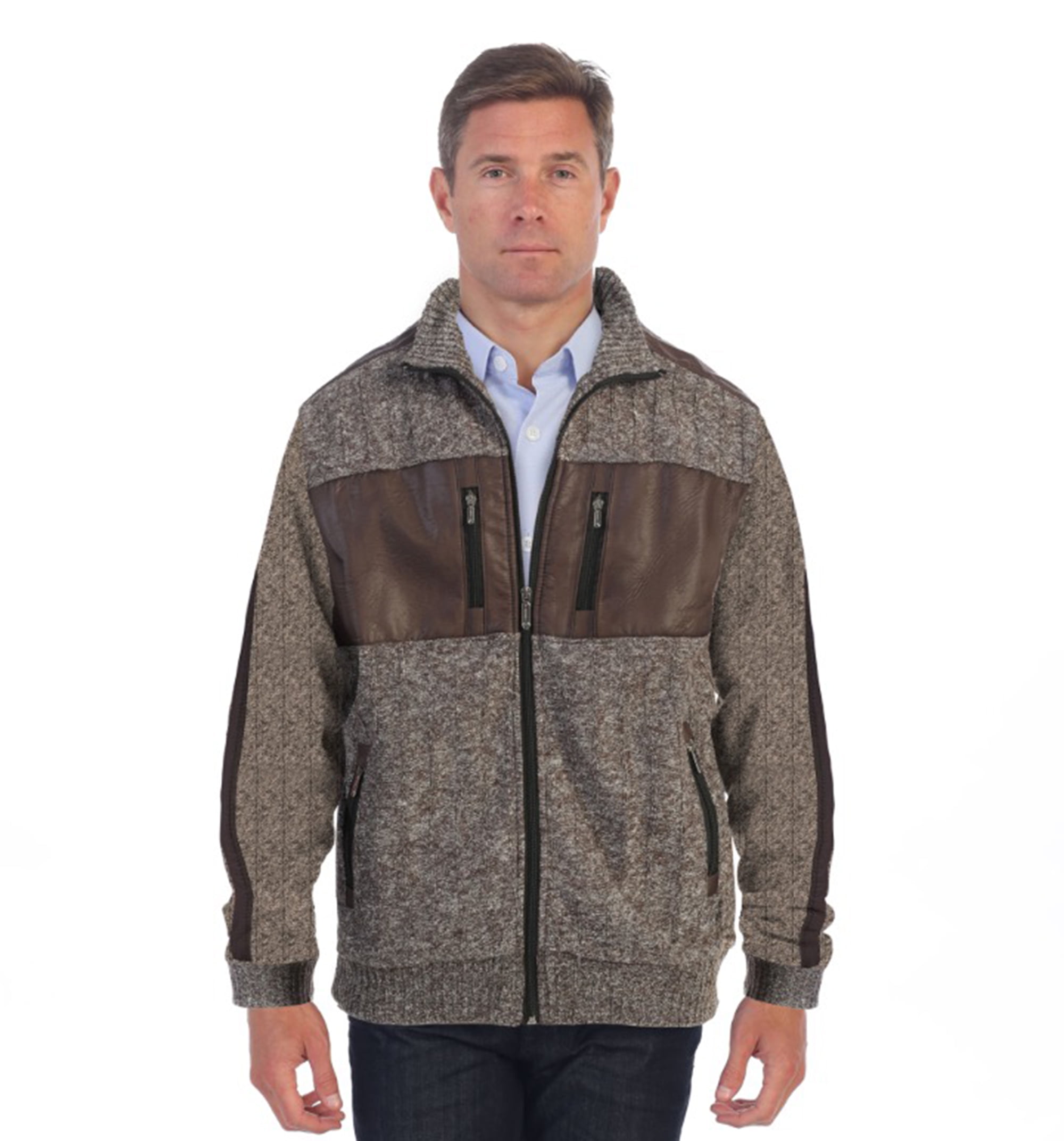 Gioberti Mens Full Zip Cardigan Patch Design Sweater with Flannel Lining