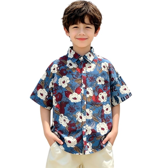 akafmk Boys Hawaiian Shirts Summer Short Sleeve Print Lapel Collar Shirts Outdoor Beach Vacation Casual Daily Tees Tops