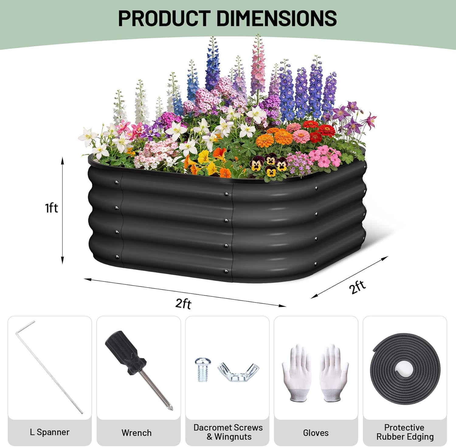 2 Pcs Galvanized Raised Garden Bed, Raised Garden Beds Outdoor, Squircle Planter Raised Beds with Gloves and Rubber Edge Trim for Vegetables, Flowers and Herbs, 2x2x1 FT, Green/Dark Grey