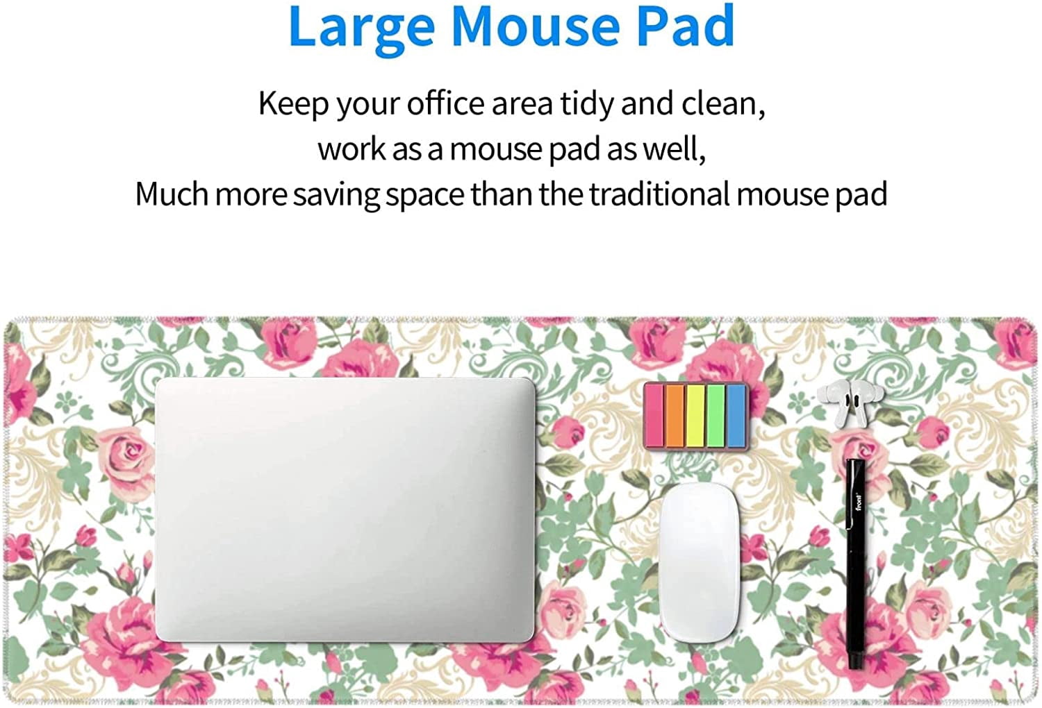 Pink Vintage Floral Large Mouse Pads Rectangle Long Extended Big Stitched Edge Gaming Mousepad with Non-Slip Rubber Base for Desktop Laptop Keyboard 31.5 X 11.8 Inch