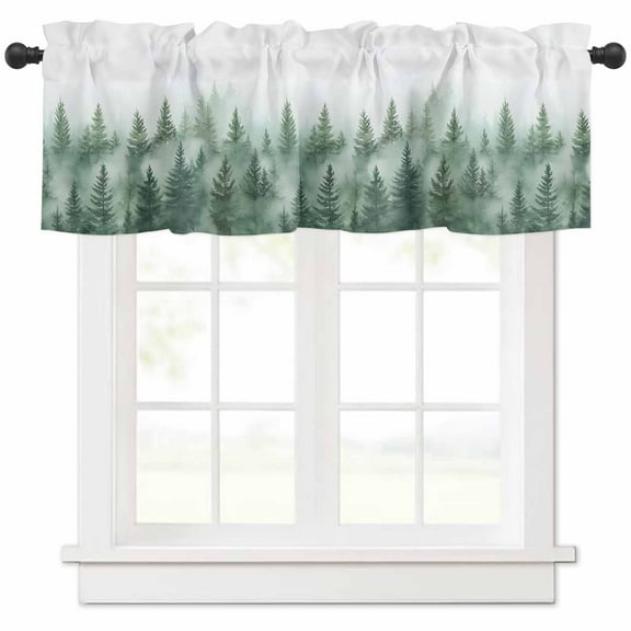 nqOlkjepod Country Mist Forest Farmhouse Short Window Curtain Valances, Simple Watercolor Trees Landscape Rod Pocket Kitchen Valances for Living Room Bedroom Bathroom Cafe, 1 Panel - 42" x 18"