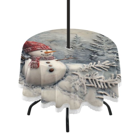 Round Tablecloth 60*60 Inches Round Tablecloth Outdoor Style Tablecloth With Umbrella Holes Tablecloth Outdoor Suitable For Kitchens and Dining Rooms Christmas Tree and Snowman