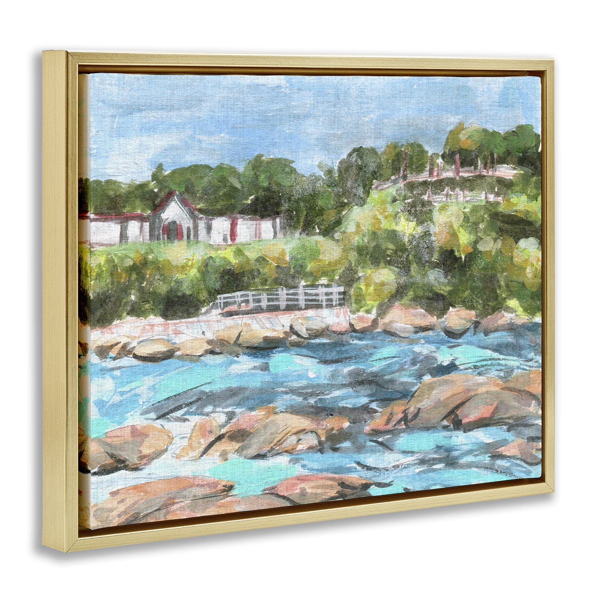 Stupell Industries Rocky Nautical Landscape Landscape Painting Gold Floater Framed Canvas Art Print Wall Art, 31 x 25