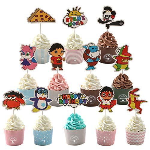 24Pcs Cute Bird Cake Topper Sign & Floral Cupcake Wrapper Set for Bday Party 
