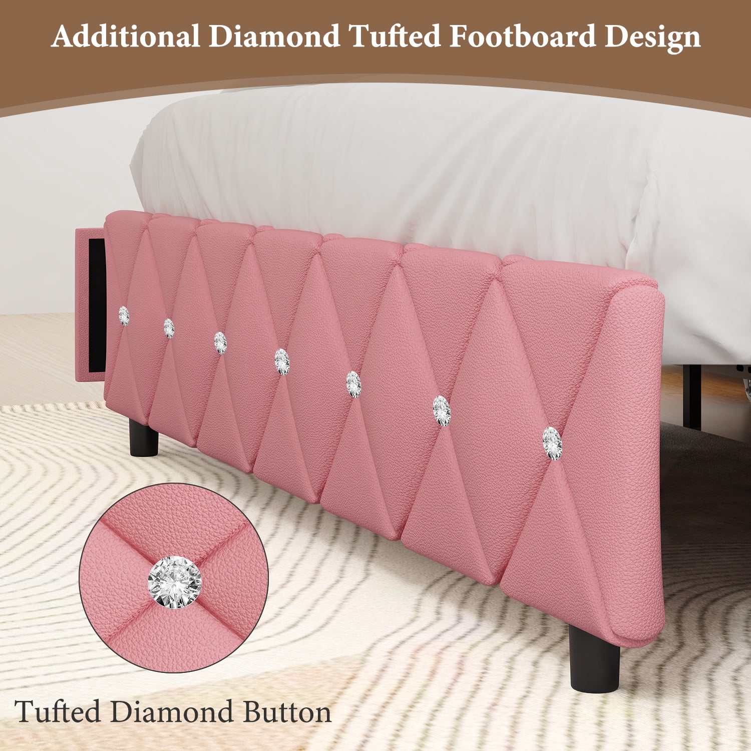 4 Ever Winner Twin Size Pink LED Bed Frame, Upholstered Diamond