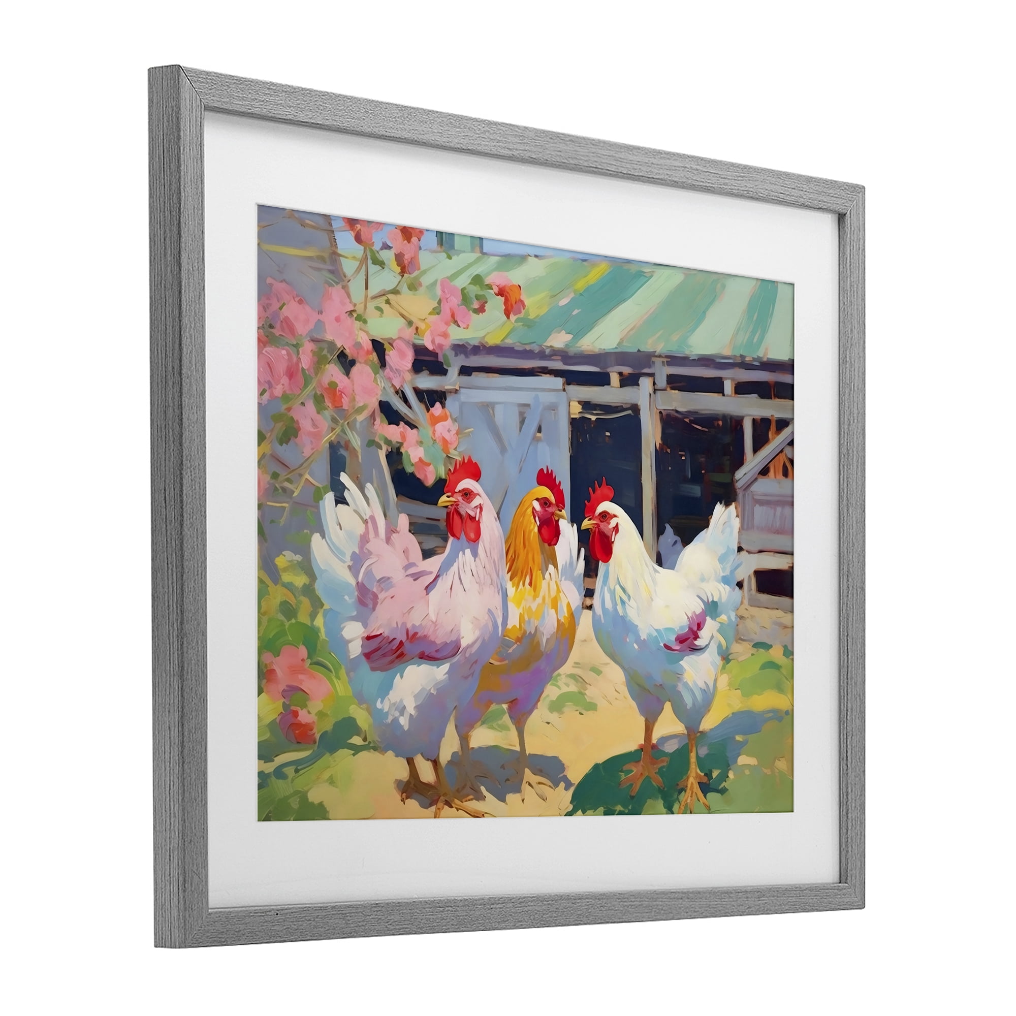 Stupell Industries Colorful Chickens in Sunlit Yard Gray Framed Print Under Glass, design by Creative Studio