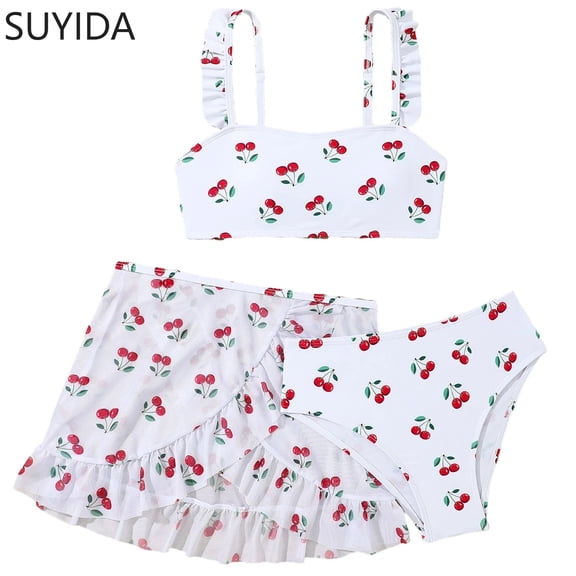 Girls Swimsuit Ruched Side Girls' Swimwear Bikini Adjustable Strap Tankini 3 Pieces Ruched Color Block Beach Skirt Cute Ruched Bathing Suit
