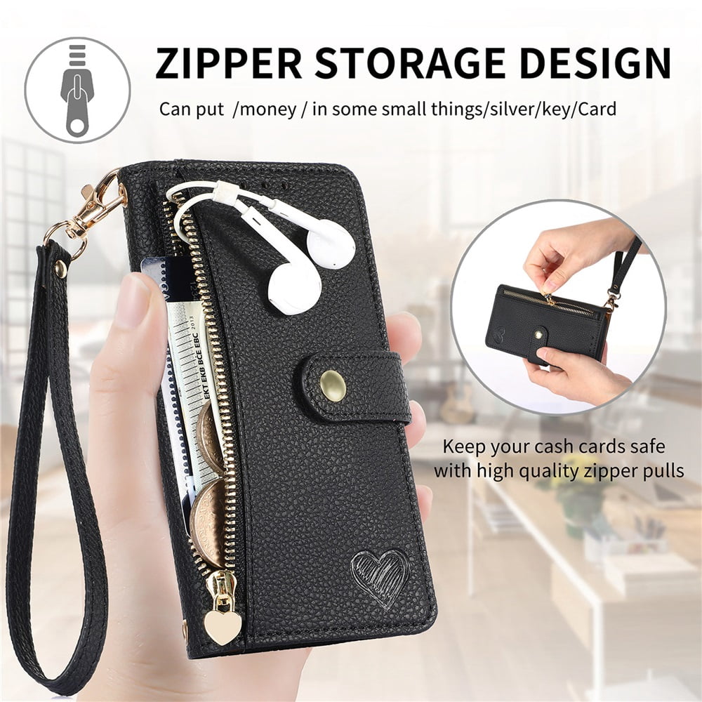 For iPhone 12 Pro Leather Phone Case Wallet Zipper Pocket Pouch Folio Flip Cover Kickstand, Multi Anti-theft Card Holder Cash Slot, Double Magnetic Buckle, Wrist Lanyard,Black,For iPhone 12 Pro