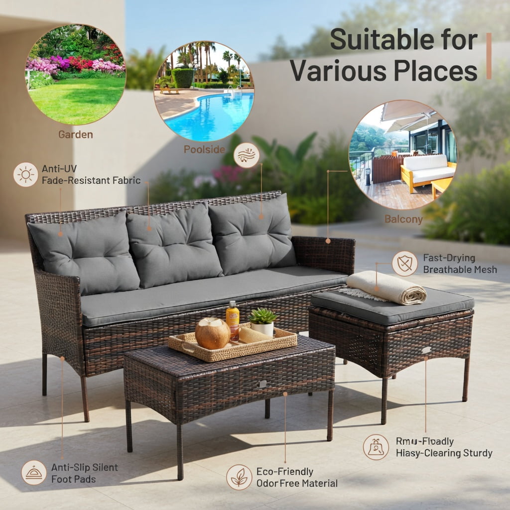 Hommoo 3-Piece Modern Outdoor Patio Sectional Set with Steel Frame, All-Weather Rattan Sofa, Ottoman & Tempered Glass Coffee Table, Includes 5 Cushions, Gray
