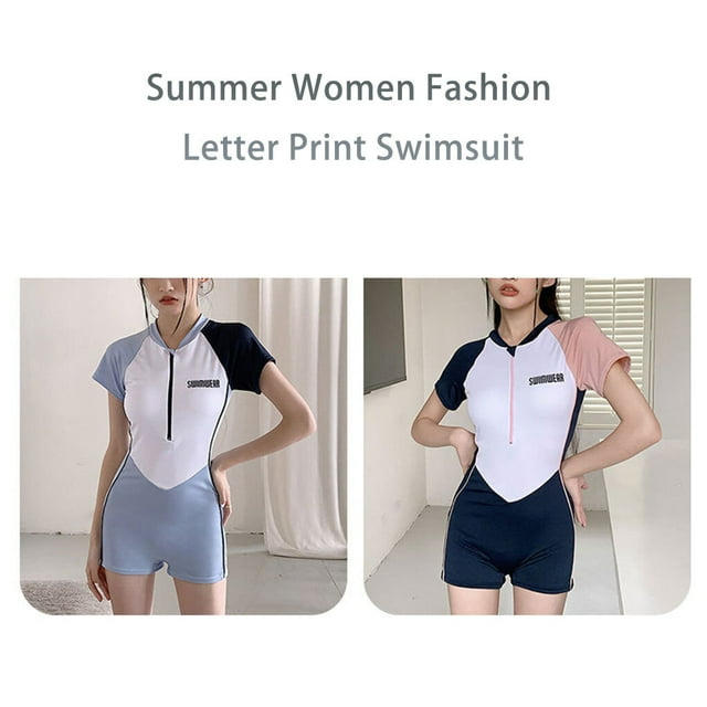 Women Fashion Print Swimsuit Shorts Swimwear Color Matching Control Bathing Clothing Elastic Short Sleeve Swimming Bathing Suit Navy S