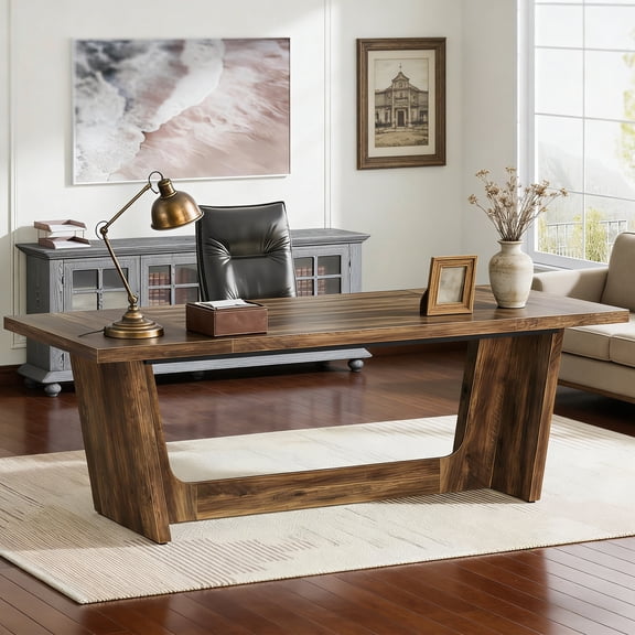 70.87-Inch Executive Computer Desk, Large Home Office Desk With Solid Wooden Pedestal, Industrial Wooden Study Writing Table, Heavy-Duty 330LBS Workstation, Rustic Brown Business Furniture