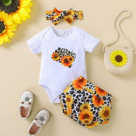 

CHGBMOK Clearance Newborn Toddler Baby Boys Girls Short-Sleeved Romper Print Shorts Hairband Three-Piece Set