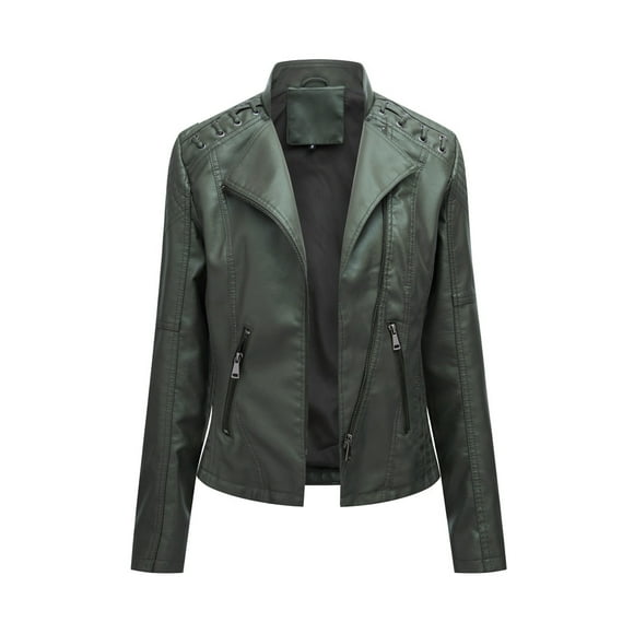 IROINID Women's Short Faux Leather Jacket Turndown Lapel Solid Color Long Sleeve Loose Motor Jacket Coat Zip Biker Short Punk Cropped Tops, Army Green